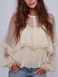Boho Lace Trim Sheer Balloon Sleeve Button Blouse