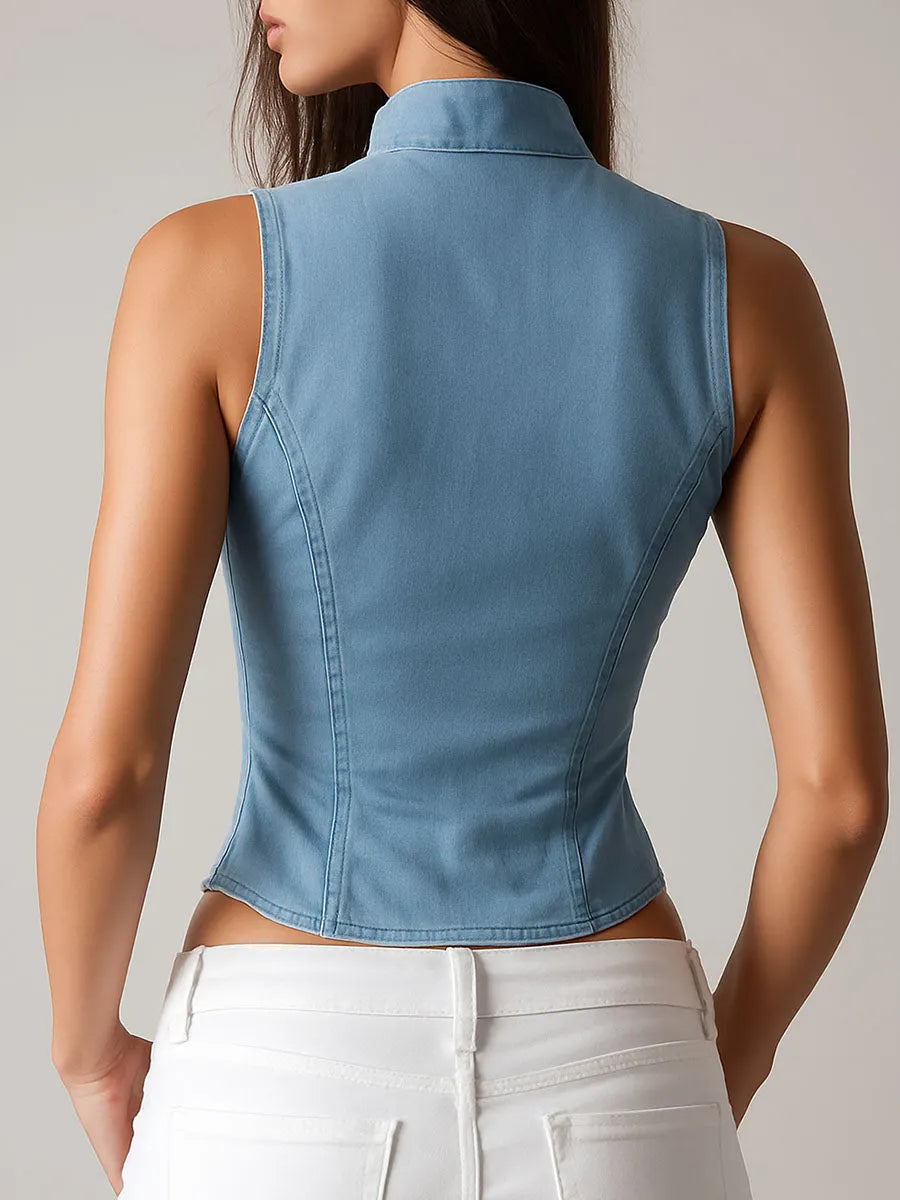 Chic Plunging Lapel Light Blue Denim Corset Vest