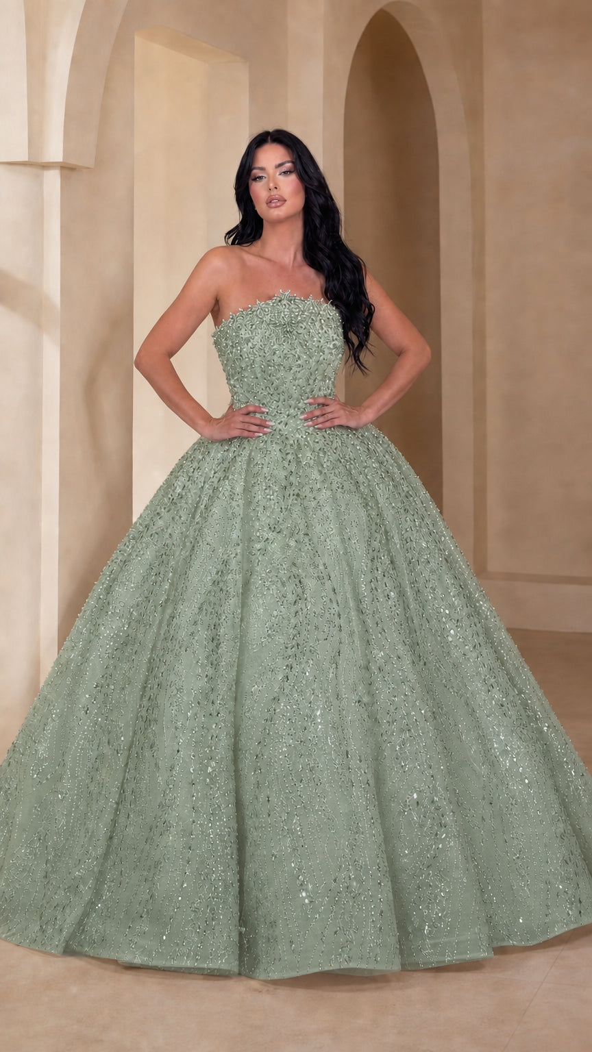 Strapless Glitter Sequin Ball Gown Evening Dress with Embellished Bodice