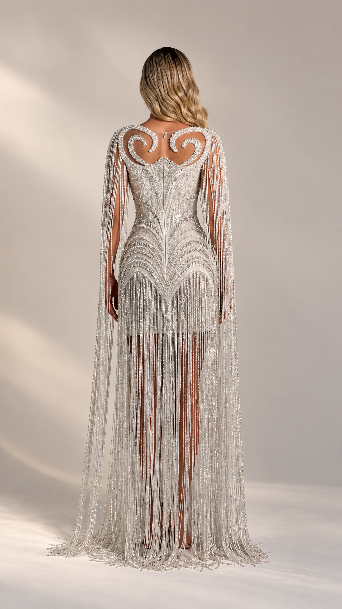 Luminous Beaded Fringe Cape Evening Gown
