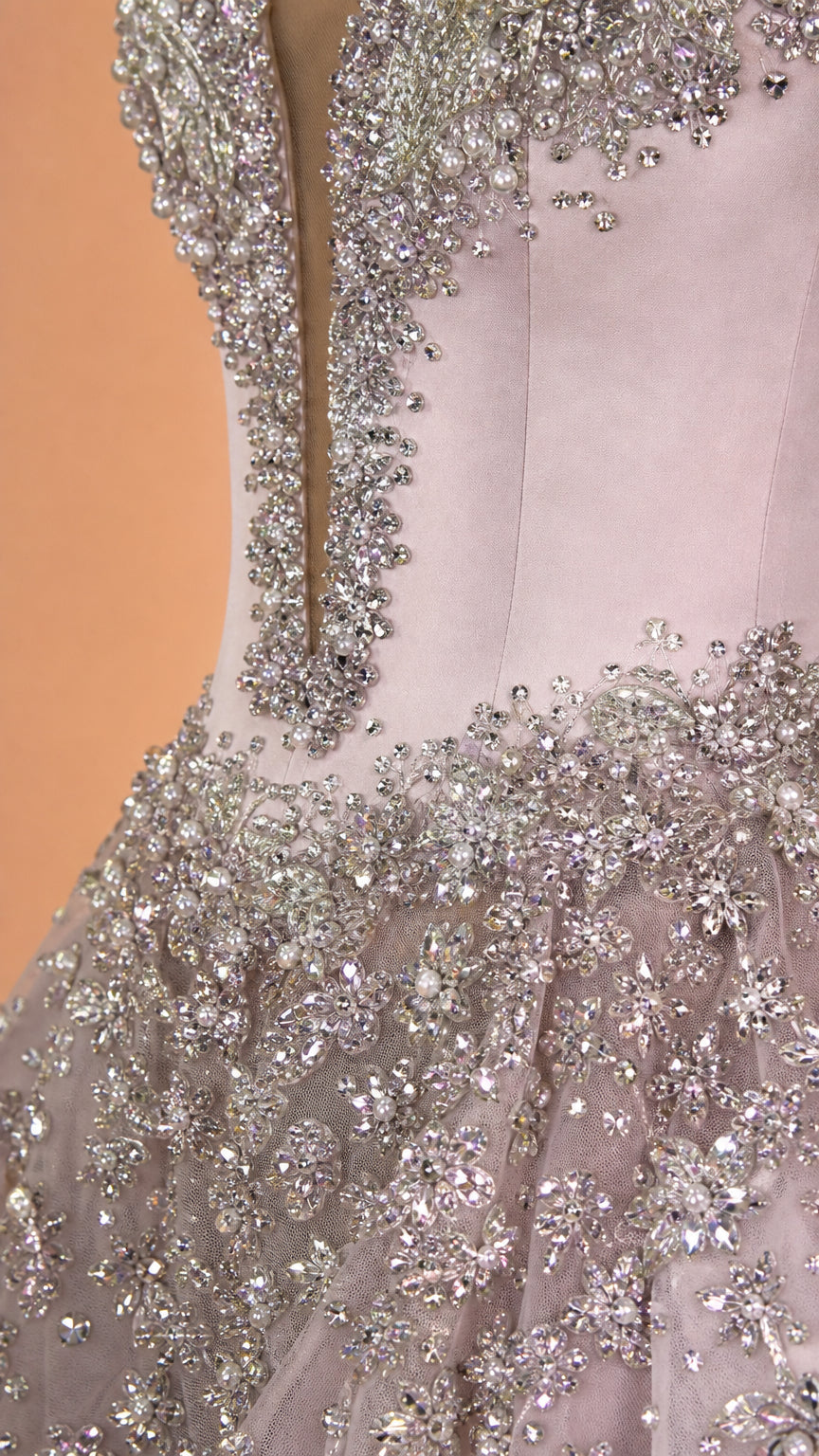 Crystal Embellished Illusion Neckline Long Sleeve Ball Gown with Overskirt