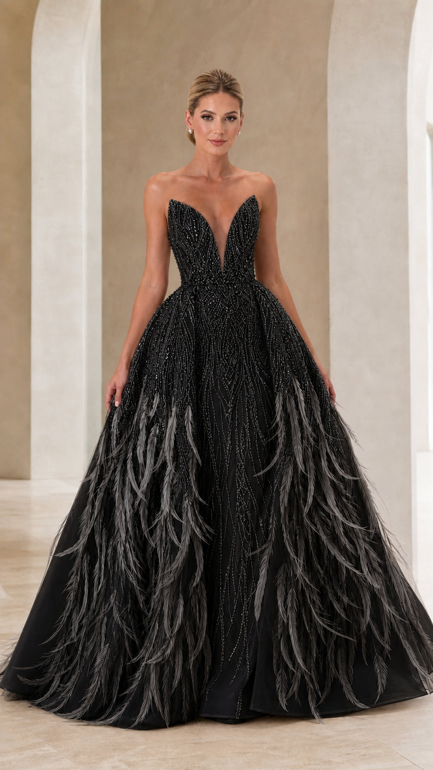 Strapless Plunging V-Neck Beaded Tulle Ball Gown with Feather Accents