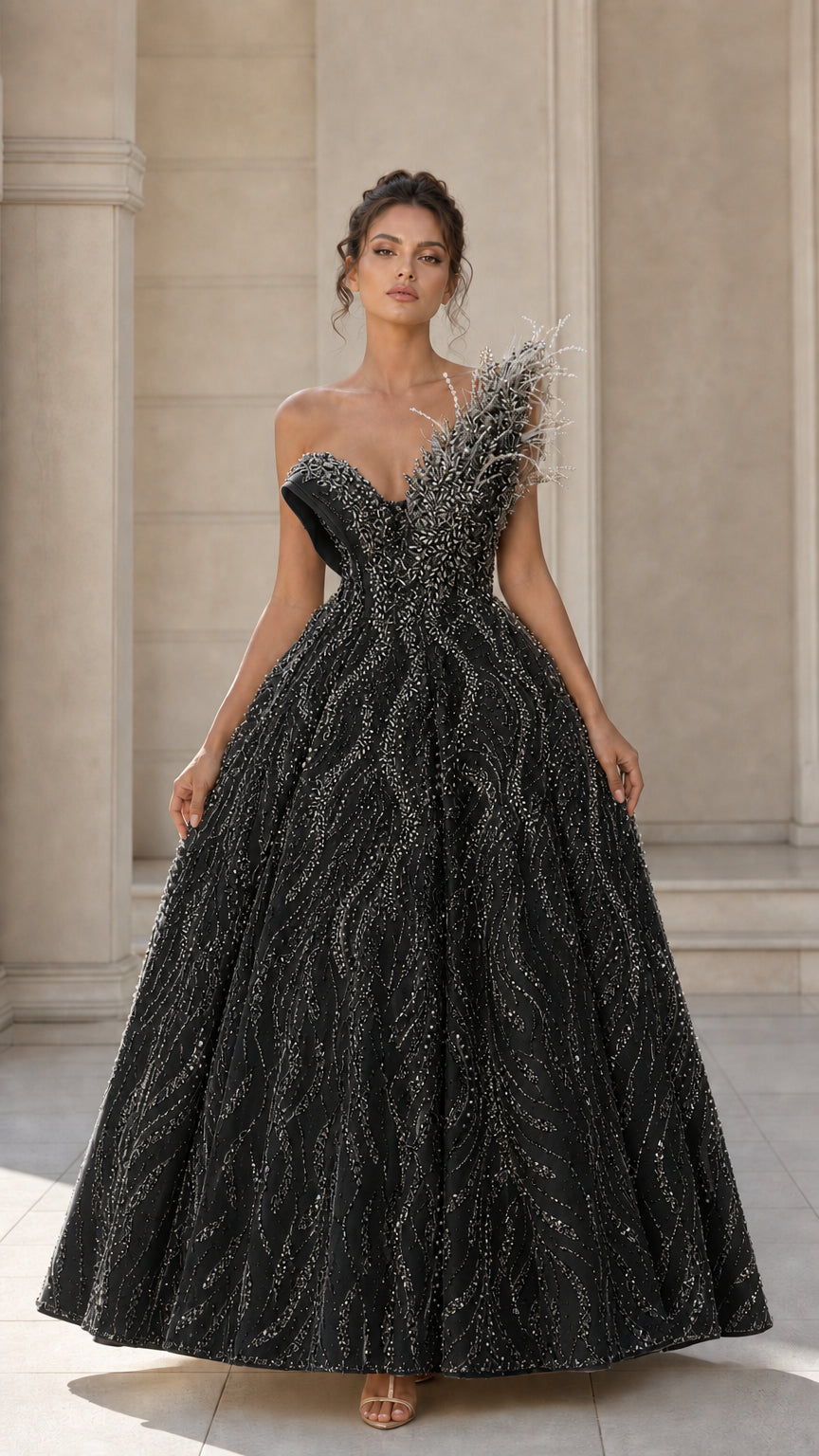 Asymmetrical Feather Accent Beaded Ball Gown