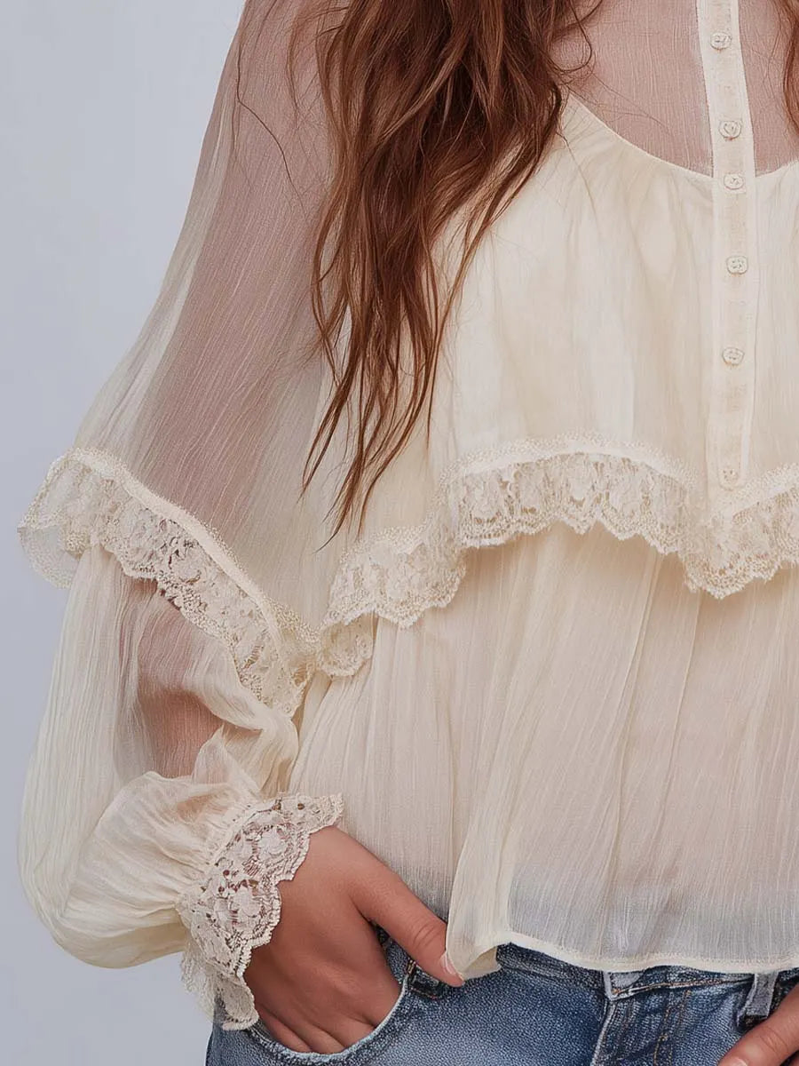 Boho Lace Trim Sheer Balloon Sleeve Button Blouse