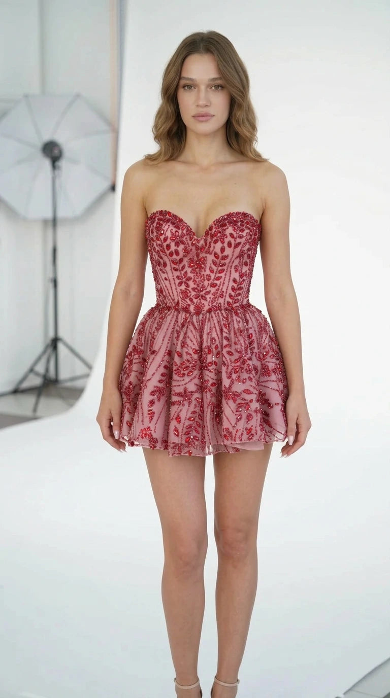 Strapless Beaded Corset Mini Dress with Flared Skirt