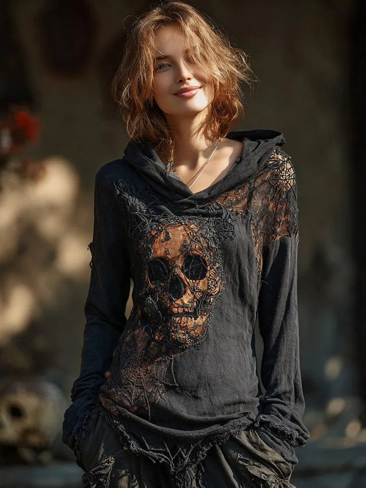 Halloween Dark Skull And Spider Web Pattern Women's Hooded T-shirt