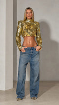 High Neck Sequin Cropped Top with Scalloped Hem