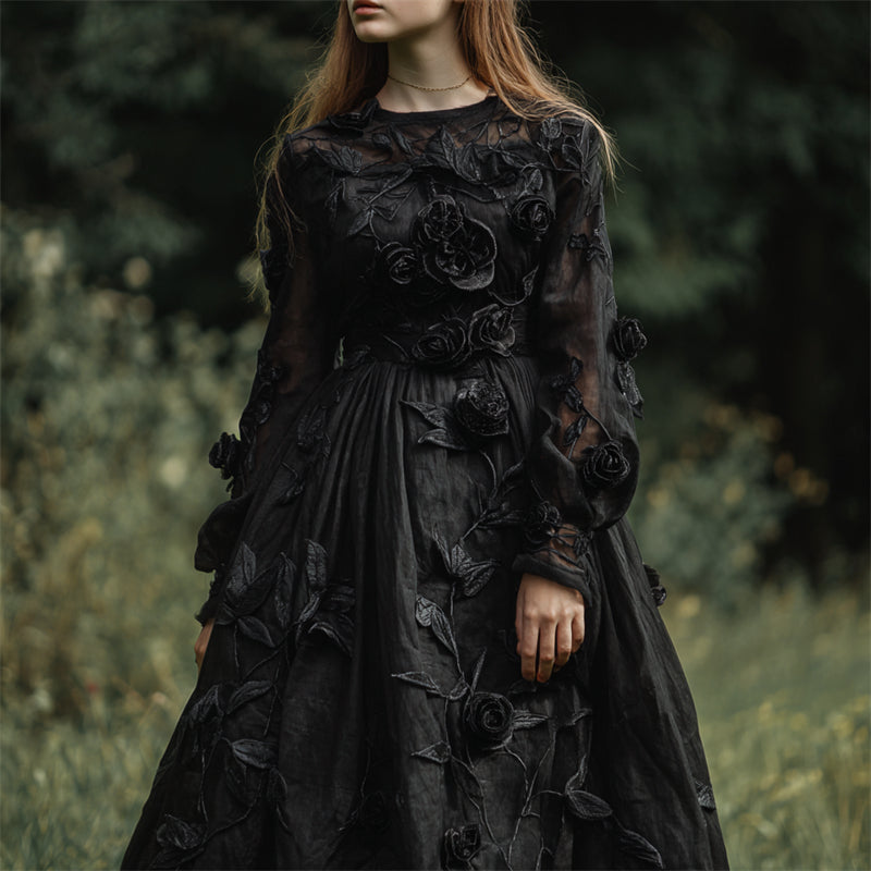 Vintage Gothic Black Roses Flowy Linen Dress