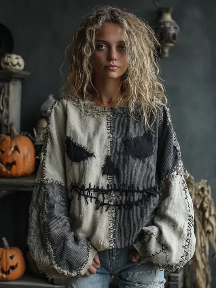 Women's Halloween Spooky Face Colorblock Stitched Warm Sweatshirt