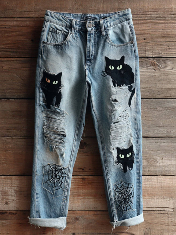 Women's Halloween Black Cats And Spiders Embroidery Vintage Washed Jeans