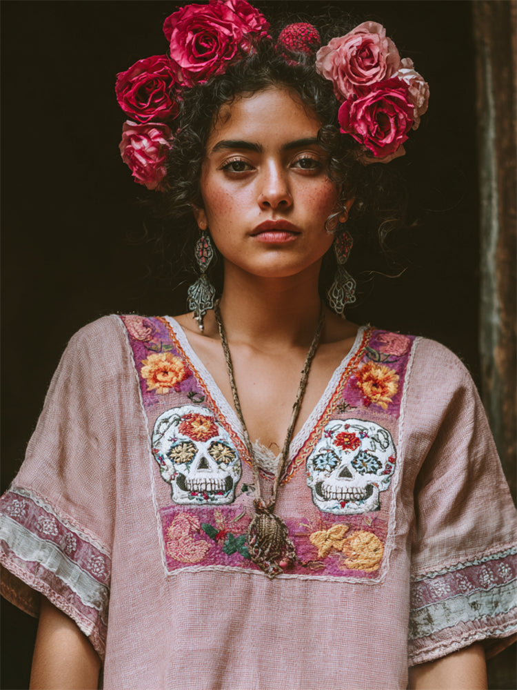 Day Of The Dead Pink Sugar Skull Floral Embroidered Linen Shirt