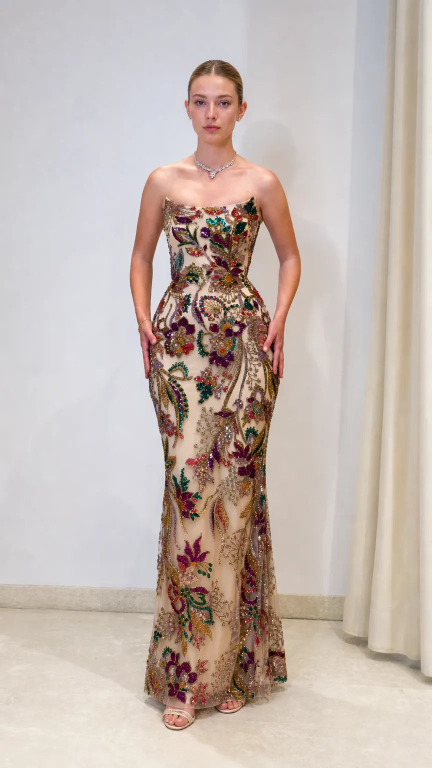 Strapless Beaded Floral Sequin Mermaid Evening Gown