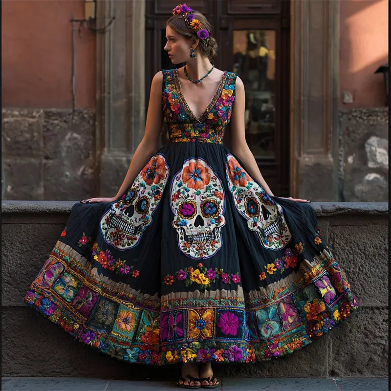 Day Of The Dead Sugar Skulls Mexican Floral Embroidered Linen Maxi Dress
