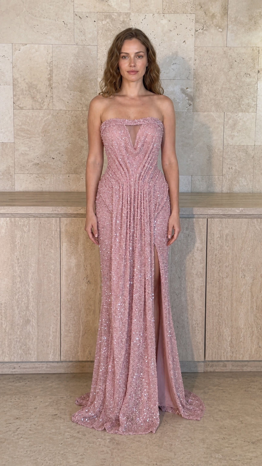 Strapless Sequin Pleated Illusion Cutout Evening Gown with High Slit