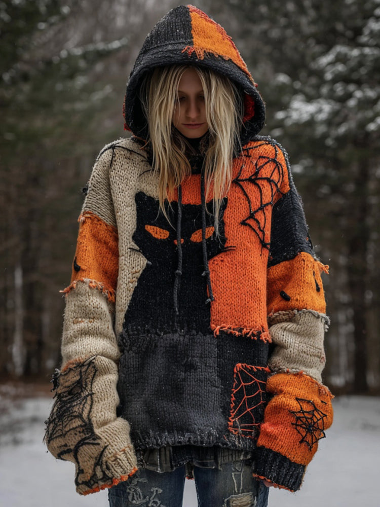 Women's Tribal Black Cat Patchwork Stitched Cozy Knit Hooded