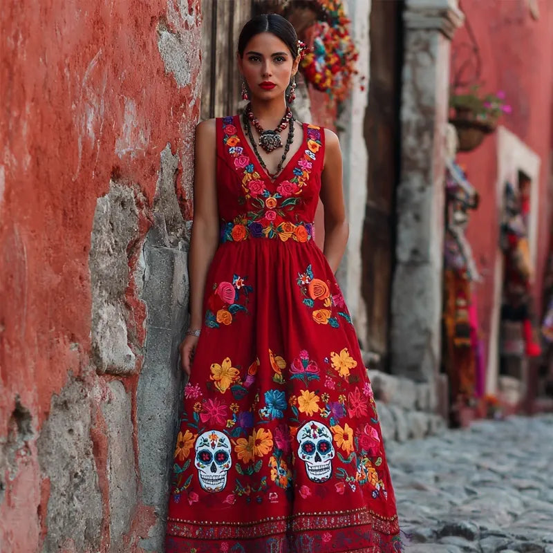 Day Of The Dead Sugar Skulls Flowers Embroidered Linen Maxi Dress