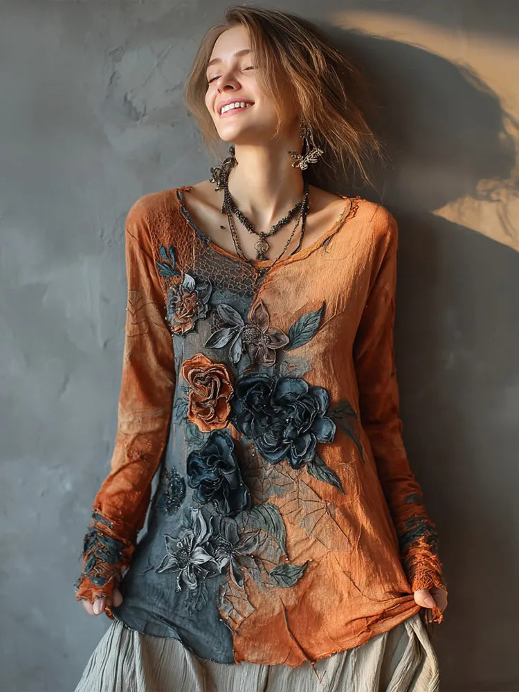 Women's Vintage Rose Floral Colorblock Halloween Long Sleeve T-shirt