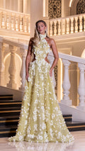 3D Floral Applique Halter Cutout Evening Gown