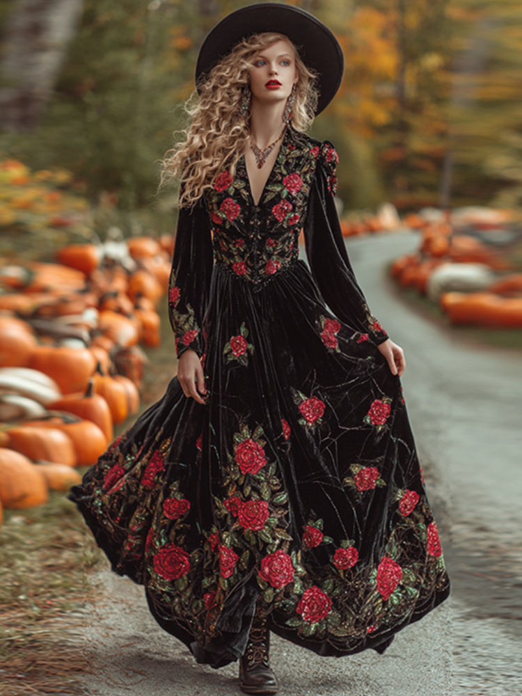 Women's  Vintage Halloween Rose Art Comfy Velvet Maxi Dress