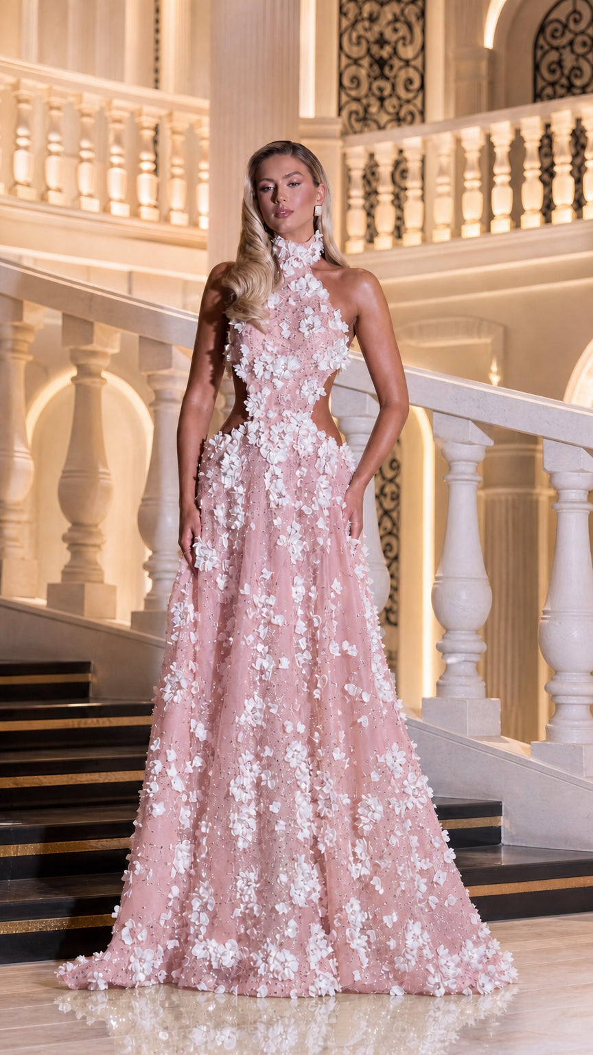 3D Floral Applique Halter Cutout Evening Gown