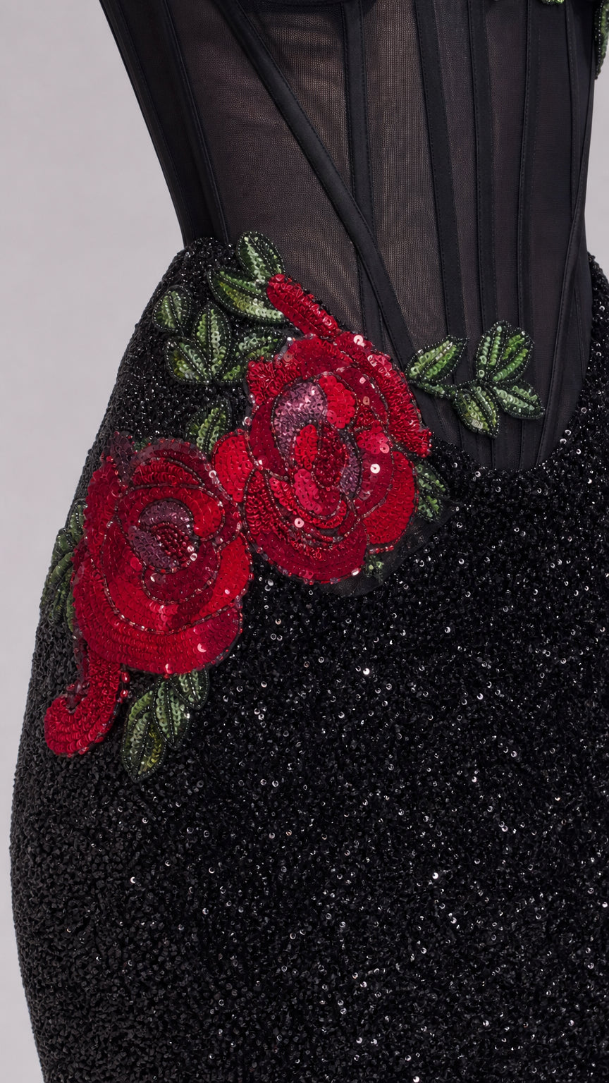 Embroidered Rose Boned Corset Sequin Mermaid Evening Gown with Choker