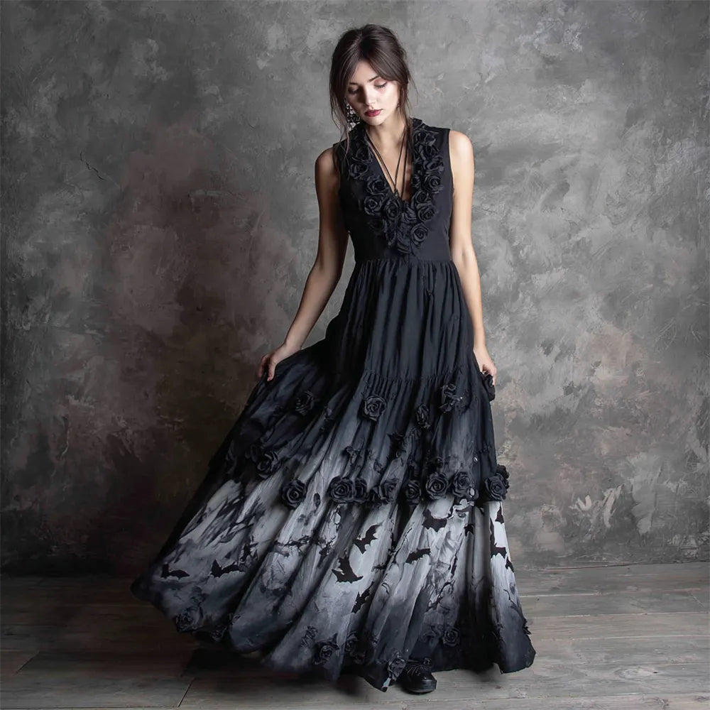 Halloween Bat Floral Gothic Art Women's Vest Flutter Maxi Dress