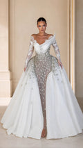 Asymmetrical Embellished Long Sleeve Evening Gown with Detachable Overskirt