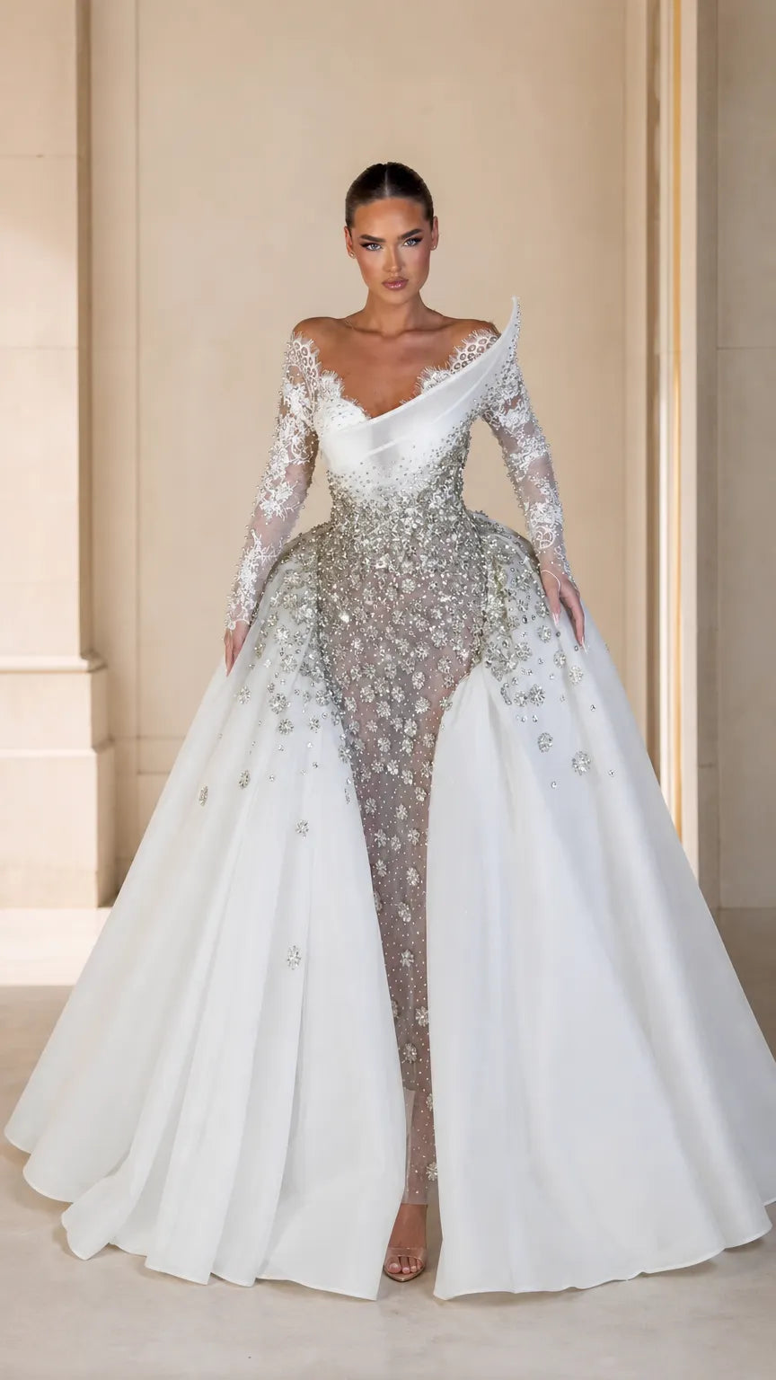 Asymmetrical Embellished Long Sleeve Evening Gown with Detachable Overskirt