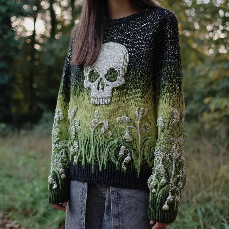 Retro Lily Of The Valley & Skull Embroidered Cozy Knit Sweater