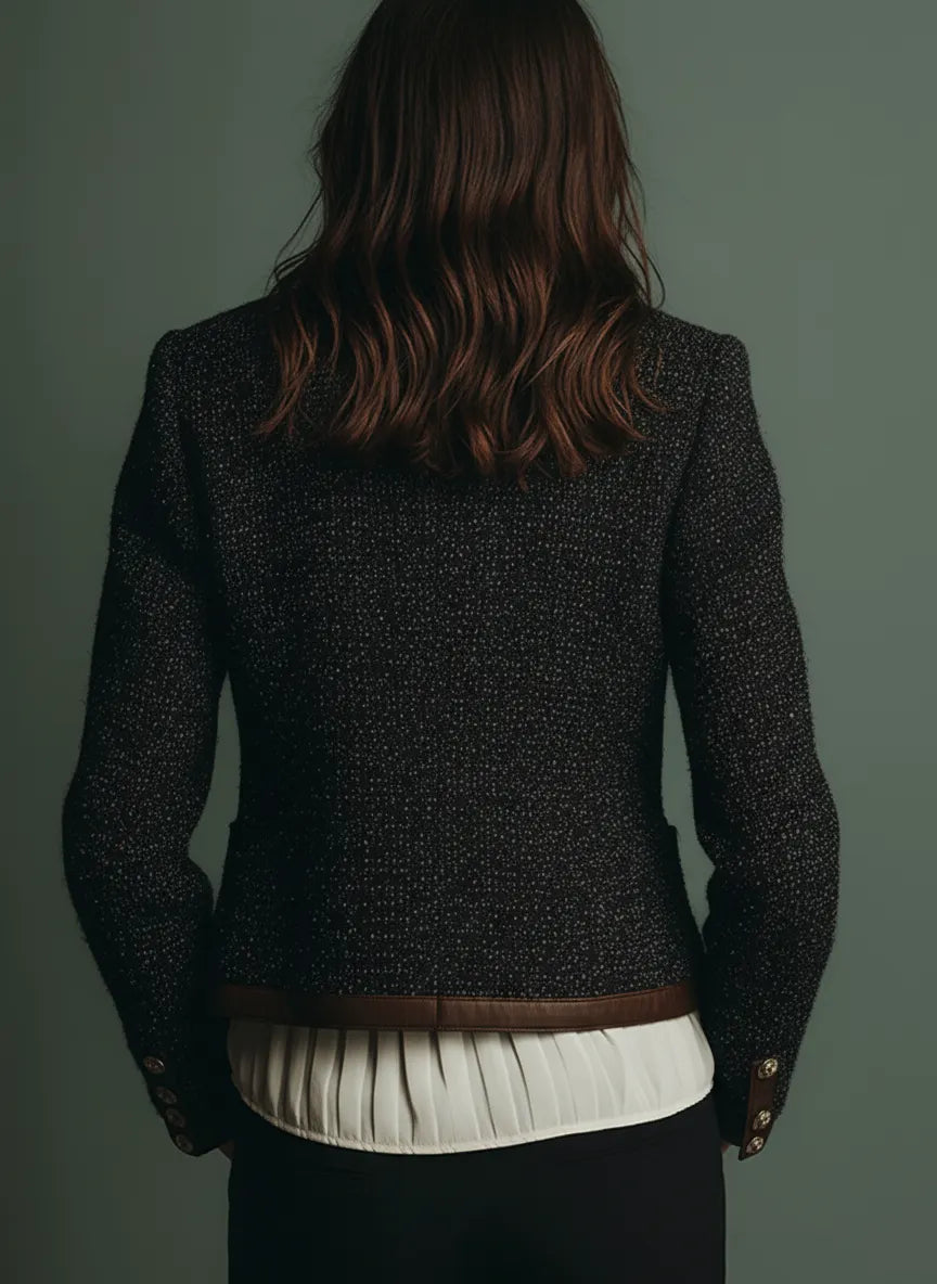 Classic Vintage Leather Trim Tweed Jacket