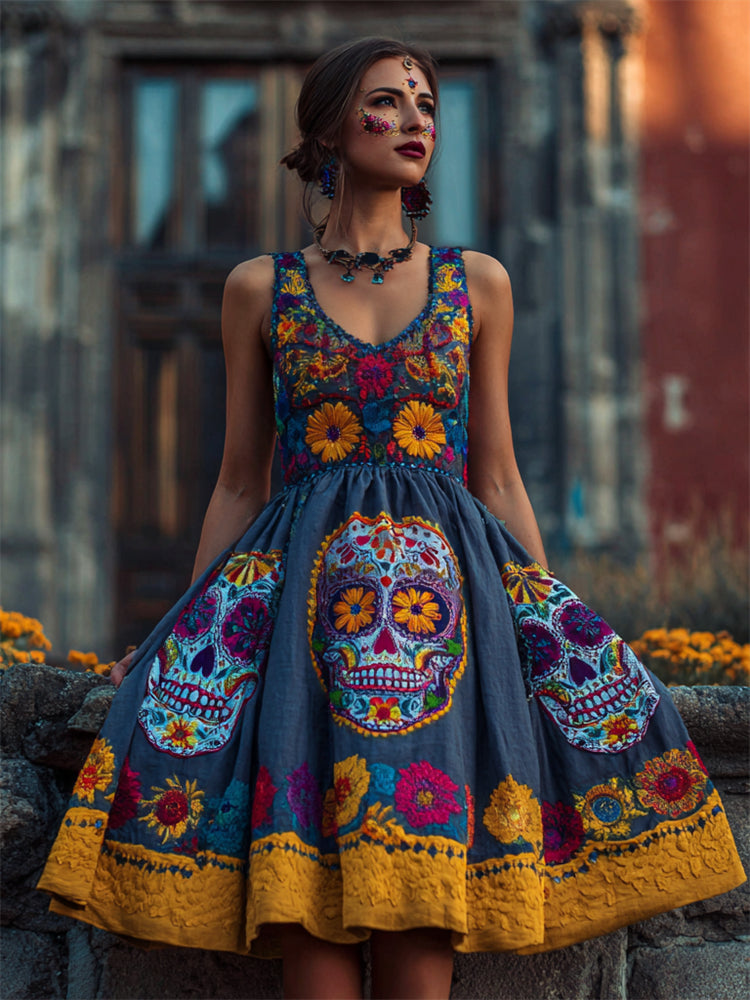 Day Of The Dead Sugar Skulls Marigolds Floral Linen Dress