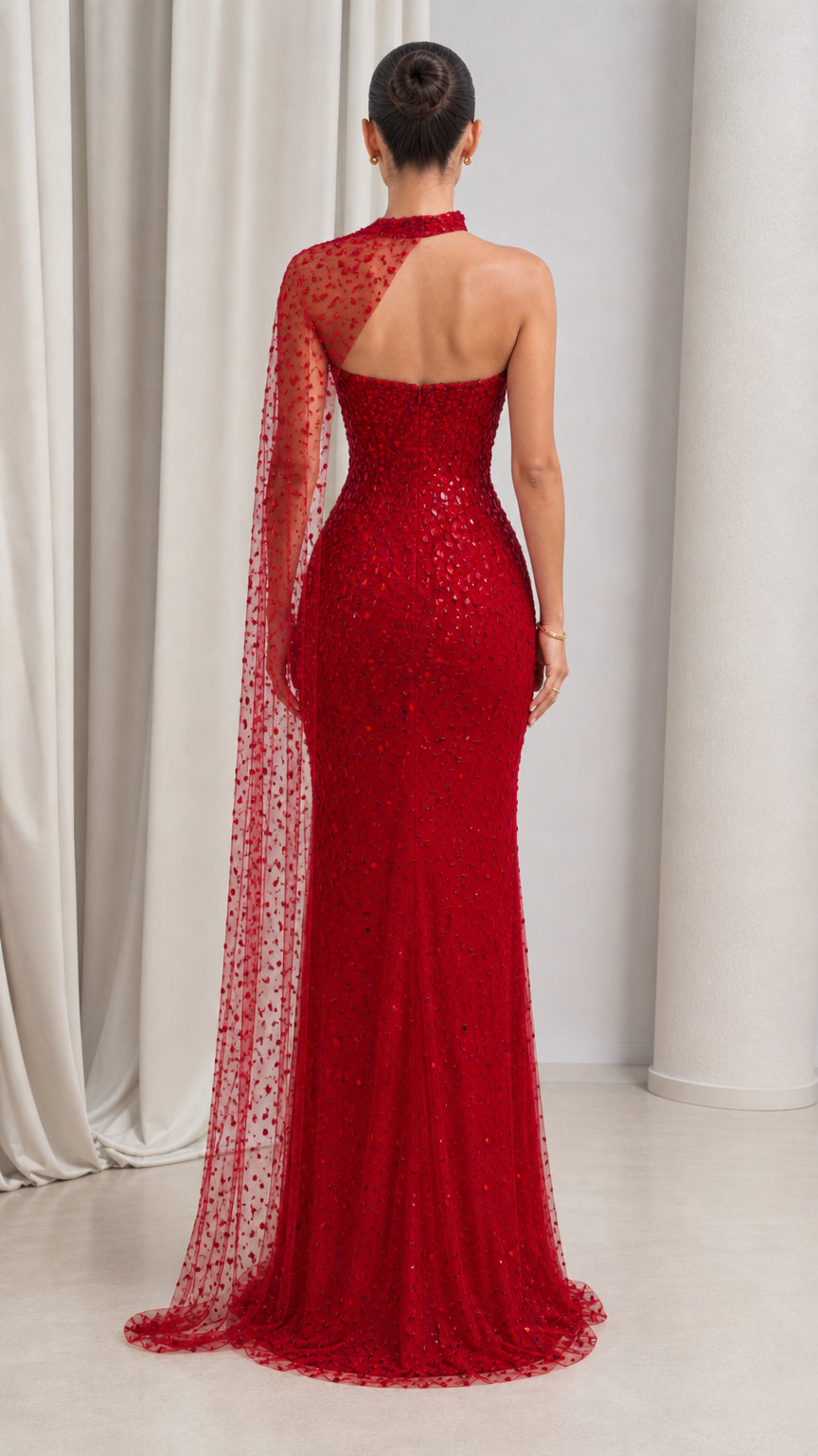 Asymmetrical Beaded Cape Sleeve Evening Gown with Sweetheart Bodice