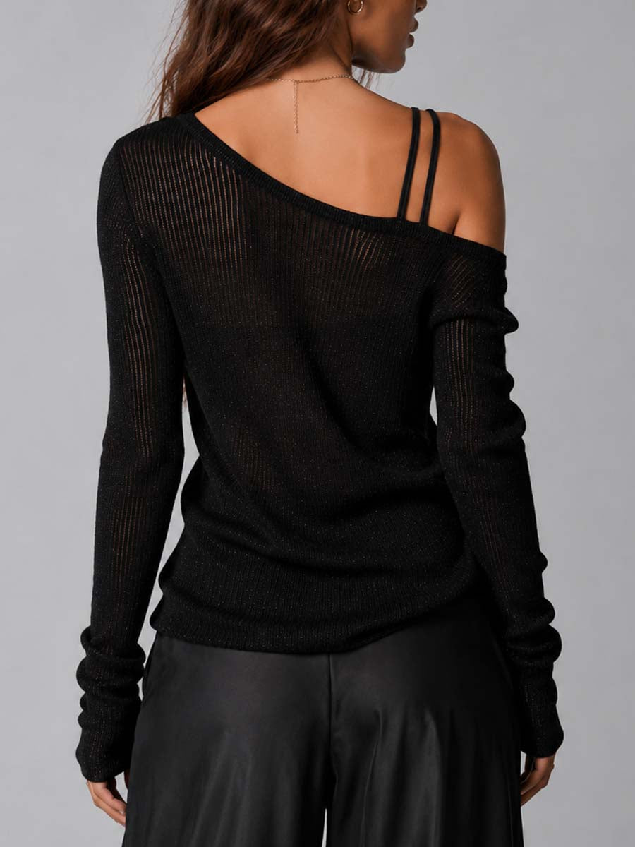 Black Shimmer Sheer Ribbed Knit Asymmetric Off Shoulder Double Thin Strap See Through Knit Blouse