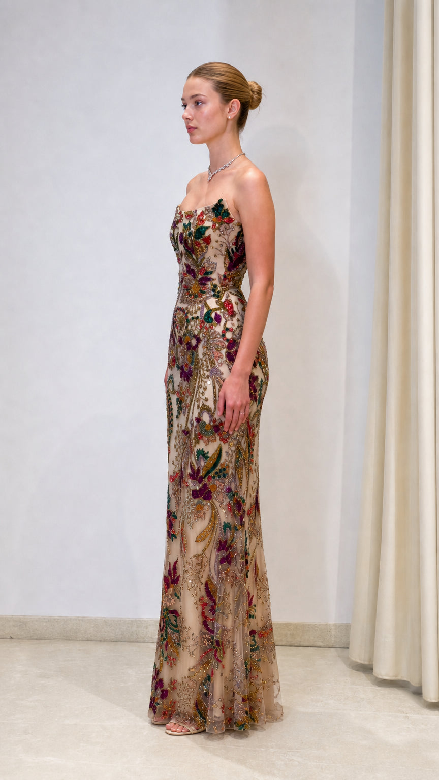 Strapless Beaded Floral Sequin Mermaid Evening Gown