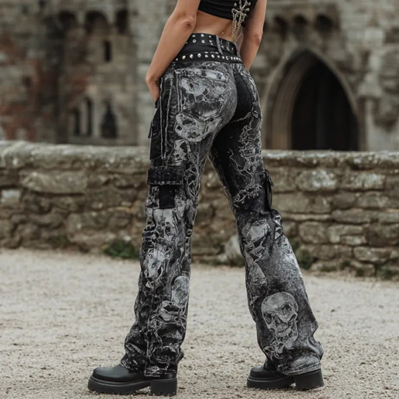 Vintage Rock Skulls Cross Studded Patchwork Bootcut Jeans