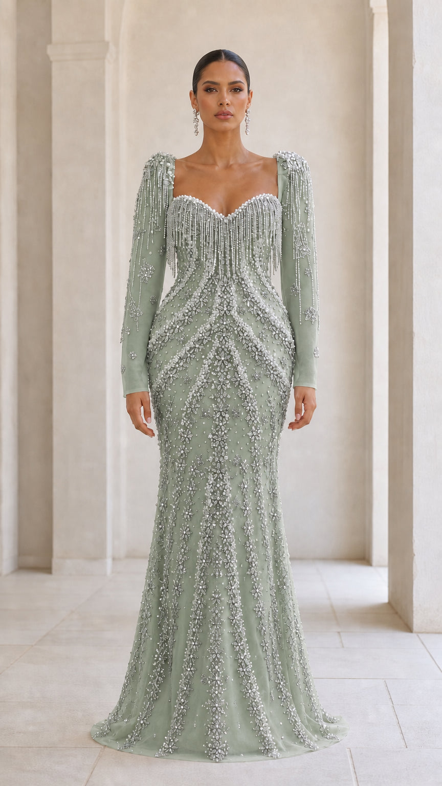 Beaded Long Sleeve Mermaid Evening Gown with Fringe Sweetheart Neckline