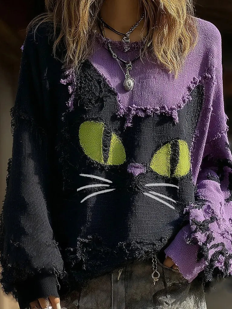 Halloween Black Cat Art Patch Contrast Color Crew Neck Sweatshirt
