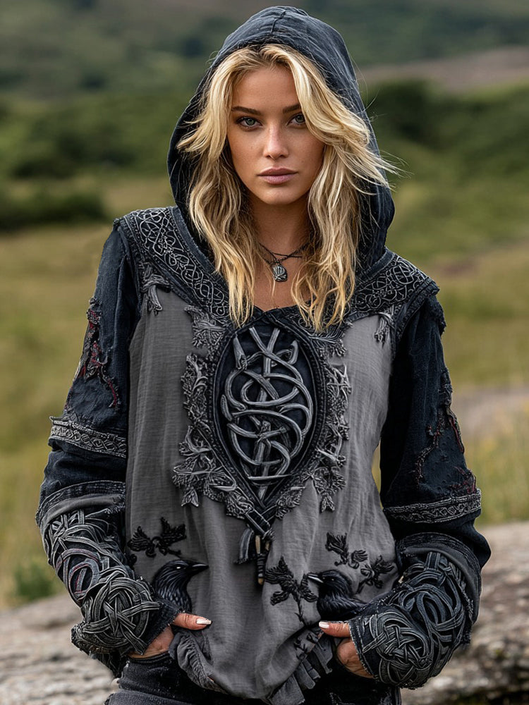 Viking Raven And Celtic Knot Patchwork Inspired Tribal Cotton And Linen Hoodie