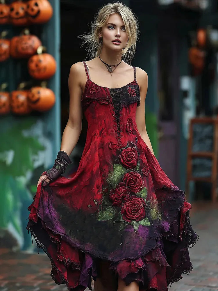 Vintage Red Rose Embroidery Beaded Gradient Halloween Maxi Dress