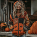 Halloween Pumpkin Face Patchwork Art  Cozy Knit Hooded Cardigan