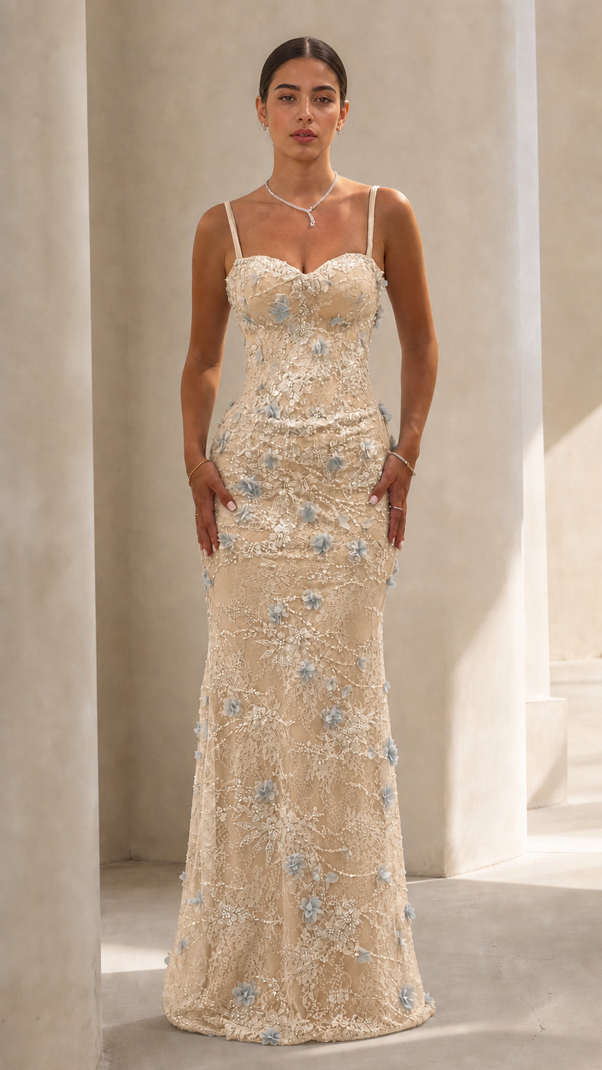 Floral Applique Spaghetti Strap Mermaid Evening Gown