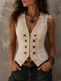Boho Romantic Cream Floral Lace Double Breasted Corset Vest