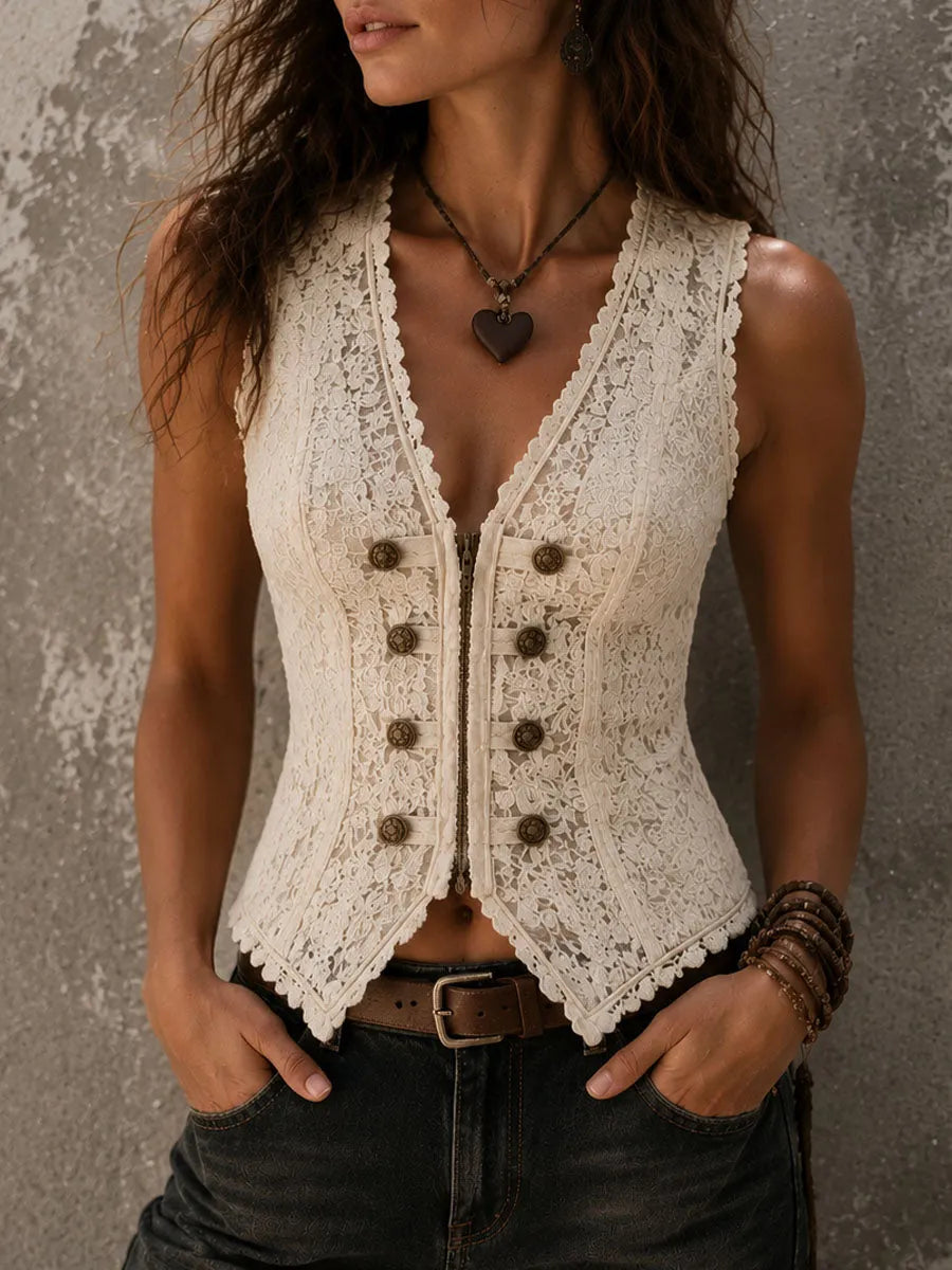 Boho Romantic Cream Floral Lace Double Breasted Corset Vest