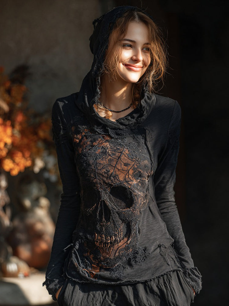 Halloween Dark Skull And Spider Web Pattern Women's Hooded T-shirt