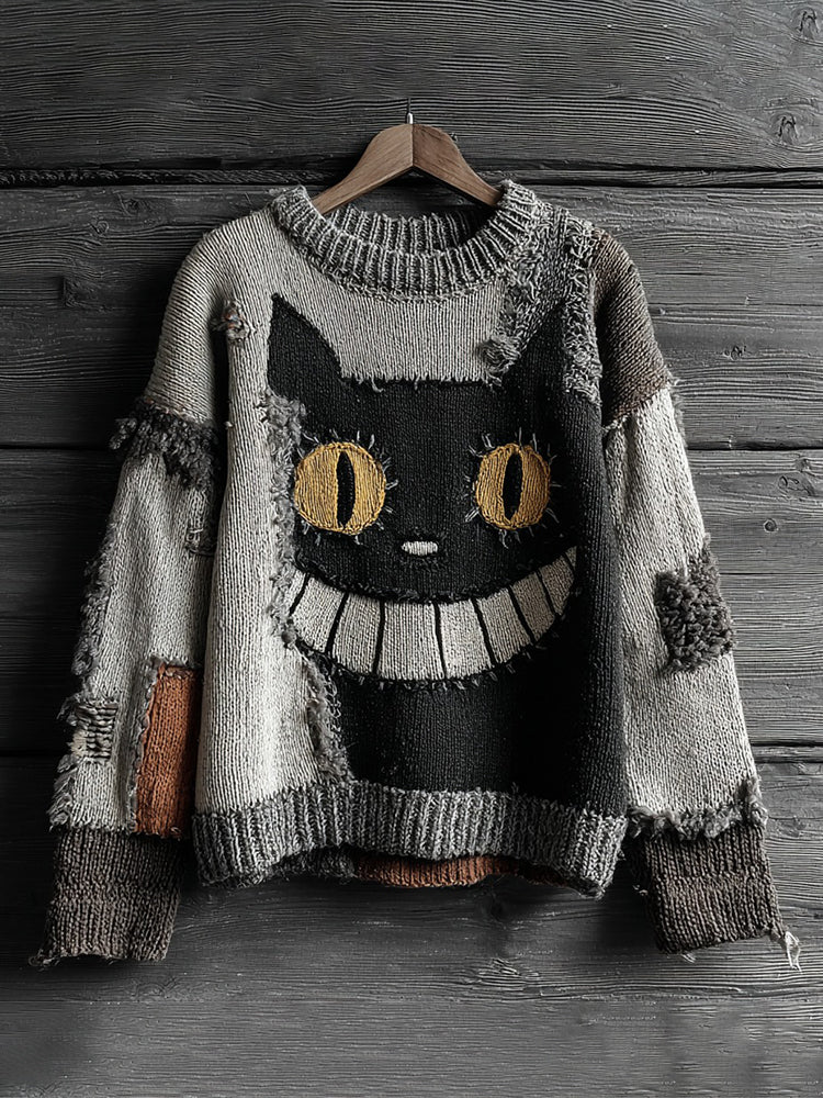 Unisex Halloween Black Cat Smile Face Contrast Stitched Cozy Knit Sweater