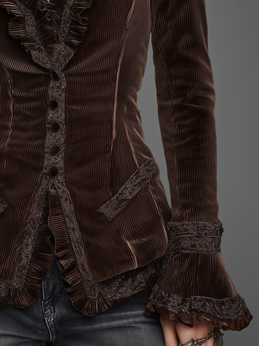 Vintage Chocolate Brown Ruffle Trim Velvet Blazer