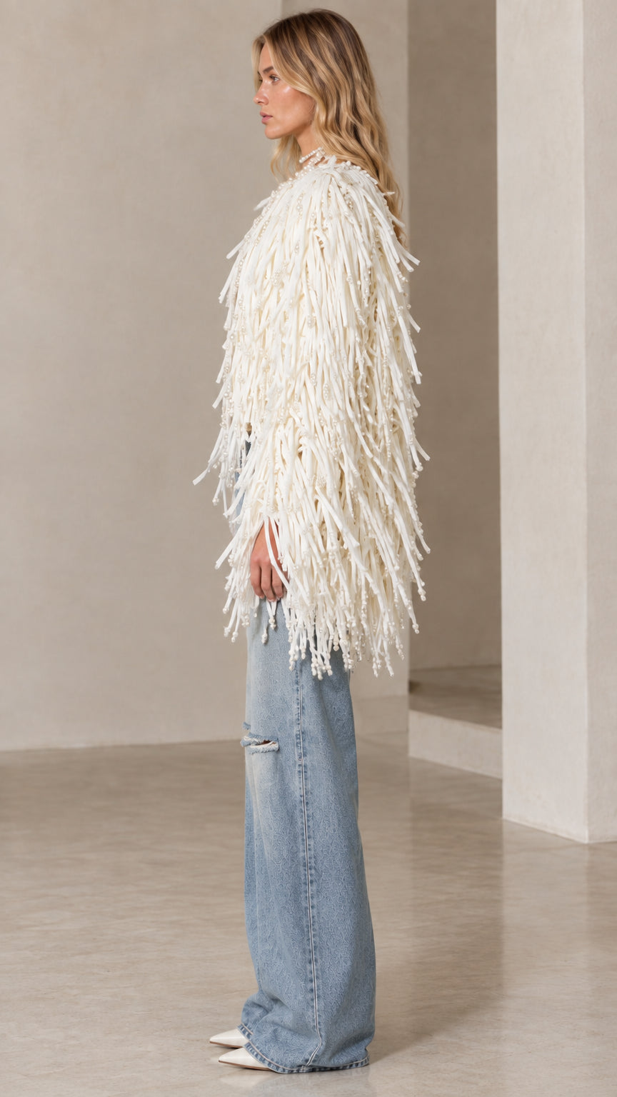 Women's Pearl Embellished Shaggy Fringe Open Front Statement Jacket