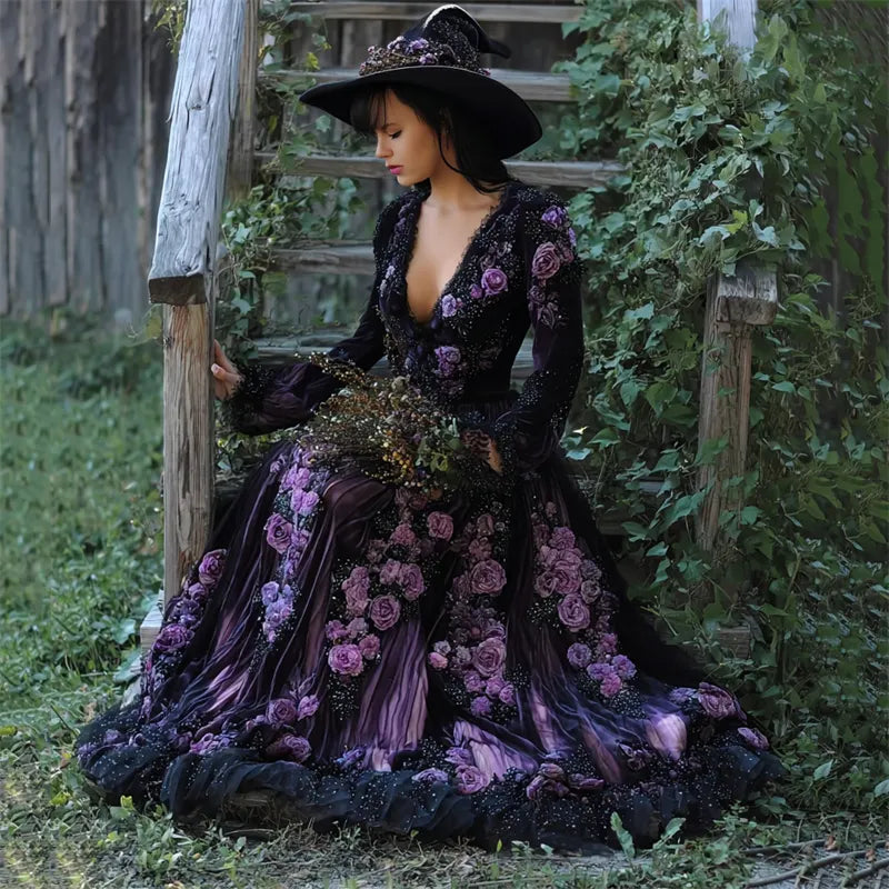 Vintage Witch Purple Roses Glitter Embroidered Wide Skirted Dress