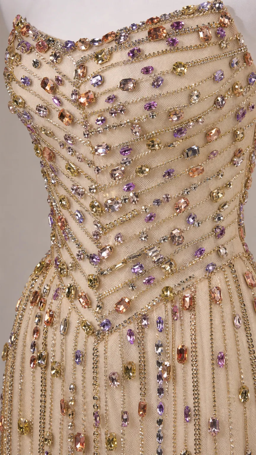 Strapless Beaded Column Evening Gown with Dramatic Puff Sleeves