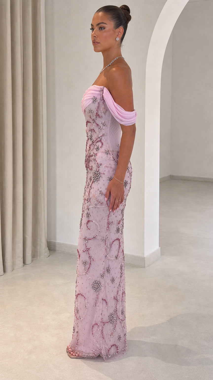 Off-the-Shoulder Draped Bodice Beaded Maxi Evening Gown